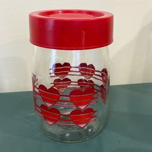 Vintage Carlton Glass Valentines Canister Jar with Red Striped Heart Design.